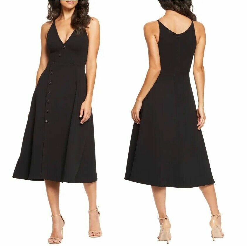 Dress the Population Emily Button Front Sleeveless Midi Fit Flare Dress in XXS-image