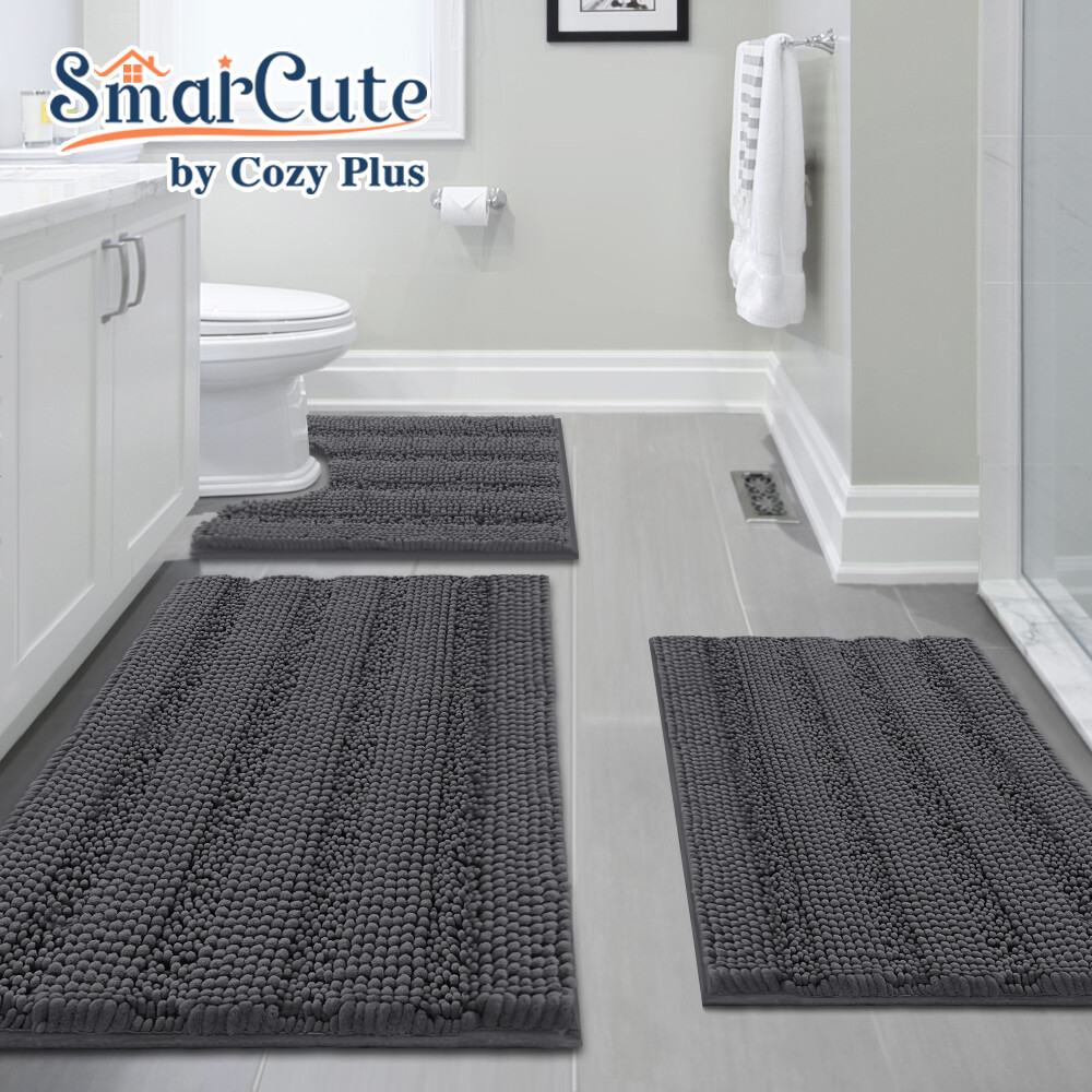 3 Pieces Absorbent Bathroom Rugs Sets Striped Non Slip for Tub, Shower, Toliet