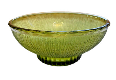 Vintage FTD 1975 Avocado Green Glass Bowl 7 inch Tree Bark Striped Rippled