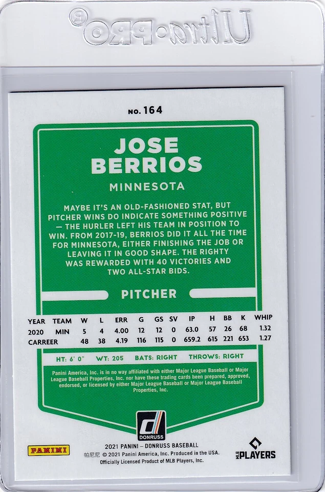 2021 DONRUSS BLUE PARALLELS JOSE BERRIOS MINNESOTA TWINS B6218 - Image 2 of 2