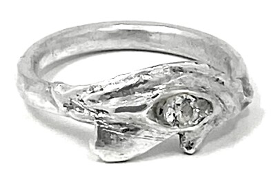 999Feinsilber Ring Horus Eye Handarbeit mit Zirkonia in Diamantklar Gr 19 Unikat