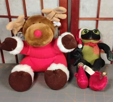 Dakin Vintage Plush Reindeer 1988 Hoppin' Santa Frog Elf  Red Hat Plush Lot of 2