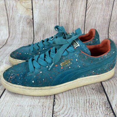 Puma Suede Classic Mens Size 8 Orange Teal Blue Paint Splatter Low Tops