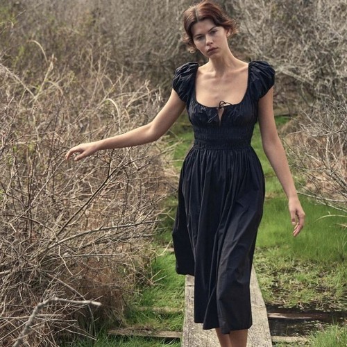 Doen Women's Quinn Gathered Smocked Black Cotton Long Maxi Gown Dress Size XXL - 第 4/24 張圖片