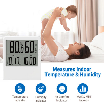 Digital Thermometer Hygrometer Temperature Humidity Meter Alarm Clock Date Time