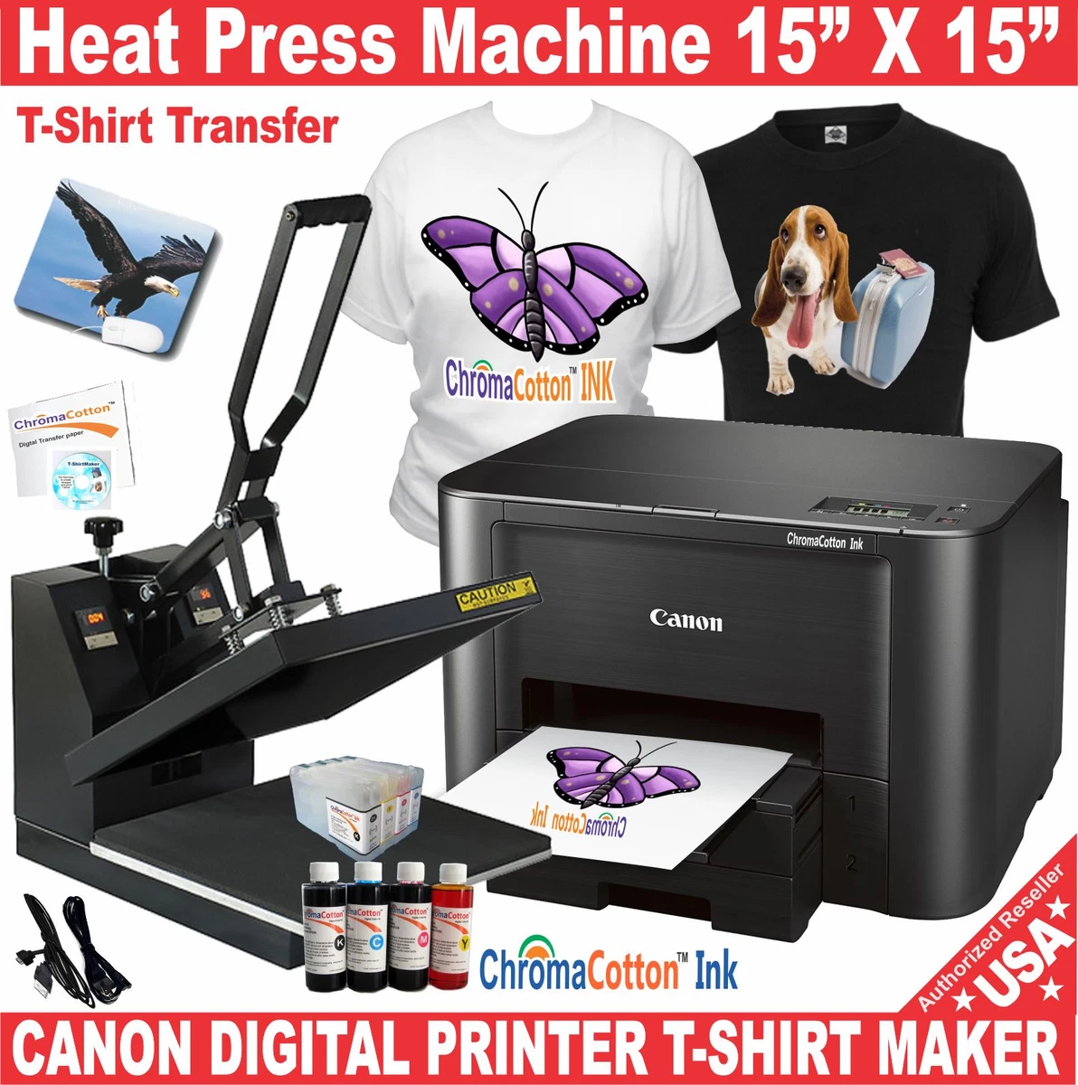 HEAT PRESS 15X15 TRANSFER SUBLIMATION + CANON PRINTER T-SHIRT MAKER START  Bundle