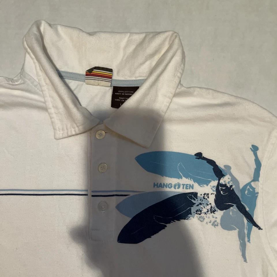 Camisa Polo Vintage Años 70 Retro HANG TEN Logo Hombre’s Grande Blanca Surfista Foto 2 de 4