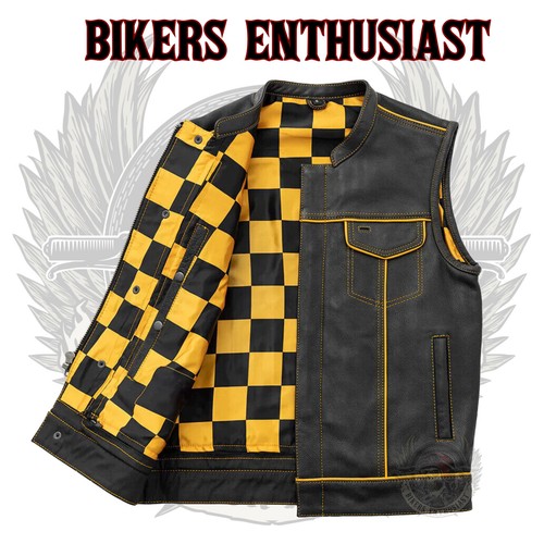 Herren Schwarz Leder Biker Weste GELB Karofutter Motorradfahren Weste - Bild 4 von 7