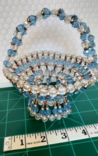 Vtg. Retro 1960's MCM Safety Pin Basket Blue Clear Beads 6" Decoration Art