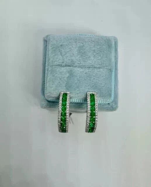 Round Cut Simulated Green Emerald Huggie Hoop Earrings In 14k White Gold Plated - Image 3 of 4