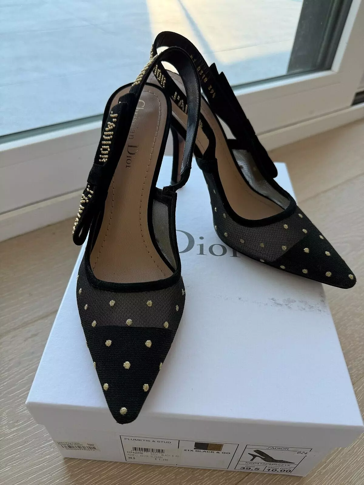 Escarpins DIOR J'Adior Slingback Plumetis et clous noir/or talon 10 cm 39,5 US 9,5