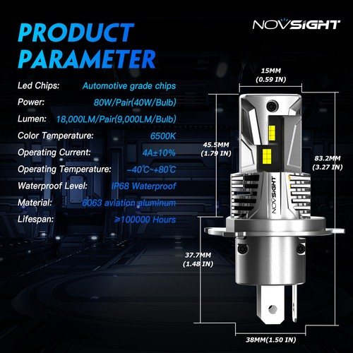 NOVSIGHT H4 9003 Super White 18000LM Kit LED Headlight Bulbs High Low Beam 6500K - Picture 3 of 9