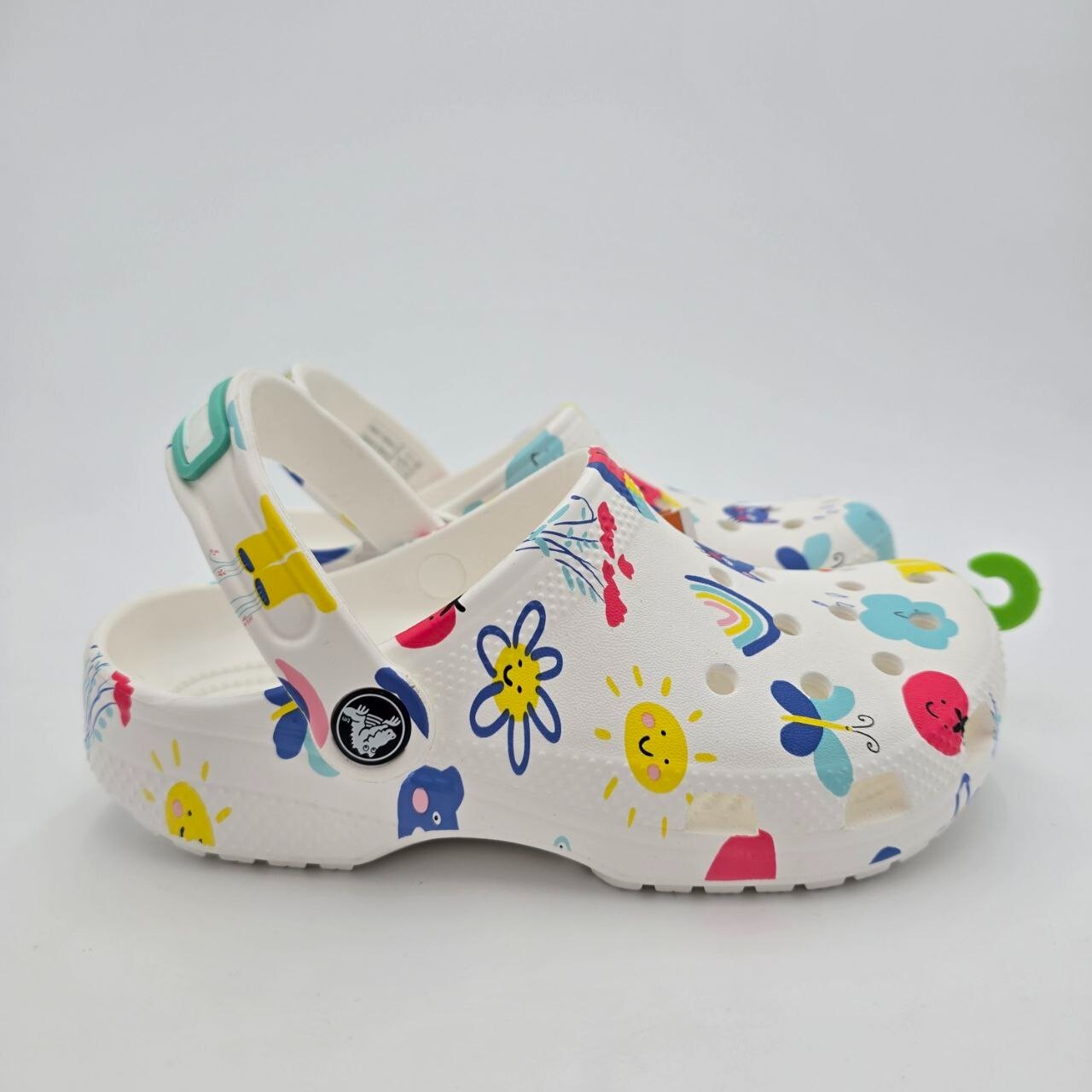 Crocs Classic Doodle Print Clogs Kid's Size 2 White Slip On Casual Comfort