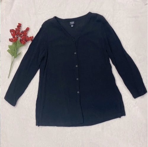 Eileen Fisher Black Buttons Down Cardigan Tunic Crinkle Texture Fabric Size PM ! - Picture 7 of 10