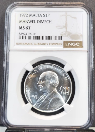1972 MALTA SILVER 1 POUND MANWEL DIMECH NGC MS 67 SCARCE HIGH GRADE GEM BU