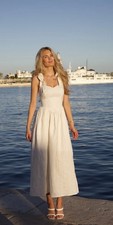 Sunset Adore Cloud Linen Midi Dress Ivory Tie Strap Open Back Size S "FLAWED"
