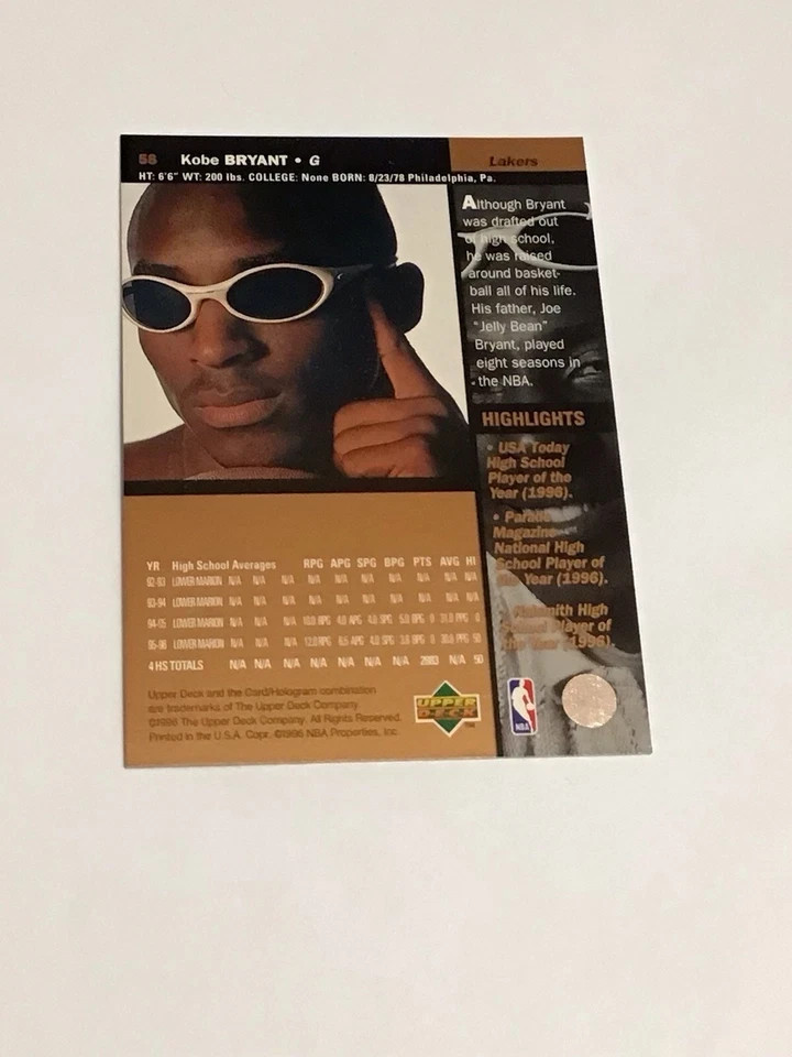 Kobe Bryant 1996 UPPER DECK Card #58 LAKERS *HOF*