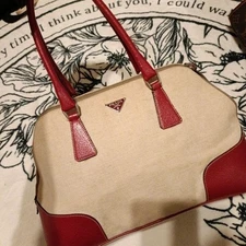 PRADA Trapezoid Logo Canvas Leather Tote Bag Beige Red Women's Excellent Condit
