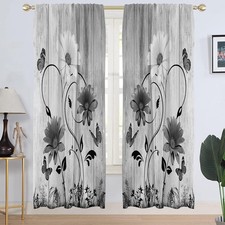 Window Curtain Flower Floral 42W x 84L Pack 2 Black White