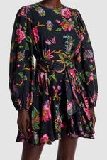 Rhode Women's Black Jenny Floral Balloon Sleeve Organic Cotton Mini Dress Size S