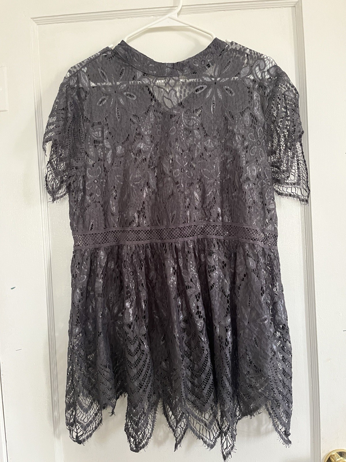 Umgee Gray Lace Short Sleeve A-Line Dress High Neck Floral Party L