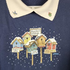 Vintage Morning Sun Sweatshirt Womens 2X Blue Snowbird Village Birdhouse Winter