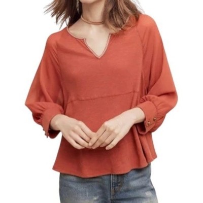 Akemi + Kin Anthropologie Rust Orange Sheer Sleeve Peplum Blouse Top XS Boho