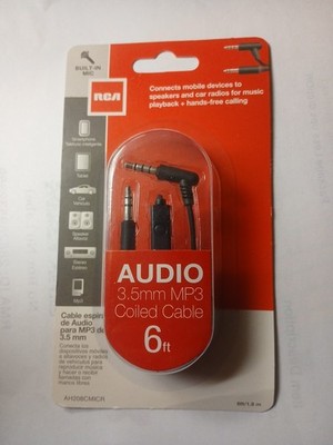 RCA Audio 3.5 mm MP3 Coiled Cable 6 ft/1.8 m w/Built-In Microphone-Brand NEW