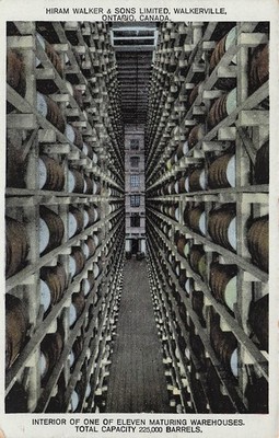 Hiram Walker Whiskey distillery Interior Advertising Barrel Vtg Postcard I48
