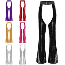 Womens Sparkly Sequin Cowgirl Chaps Flared Chaps Pants Adjustable Waist Trousers