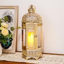 TRIROCKS Moroccan Candle Lantern 37cm High Gold Candle Holder with Tempered Gla