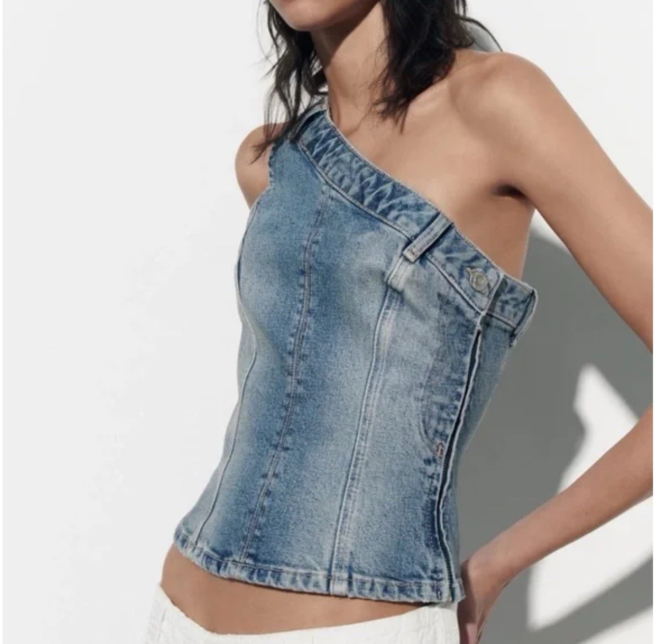 ZARA Asymmetric TRF Denim Top Women's Size Small Blue