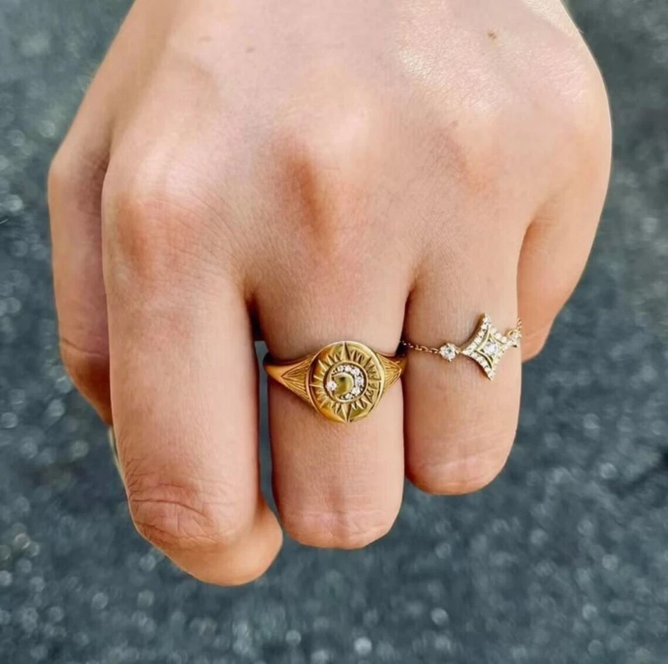 Sun Moon Luna Star Gold Vintage Ring Unique Signet Women's Gold Plated Ring - Image 2 of 4