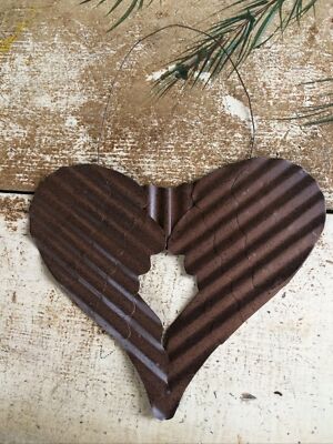 Primitive Rustic Brown Angel Wings Heart Ornament Corrugated Metal Wedding Love
