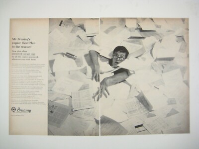 Vintage Bruning Copier Fleet Plan Print AD 2 Page 1960s Person Drowning Paper