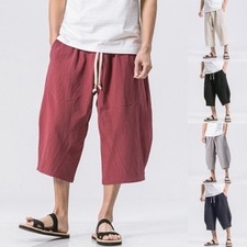 Summer Mens Casual Linen Drawstring 3/4 Short Trousers Pants Cotton Solid Loose