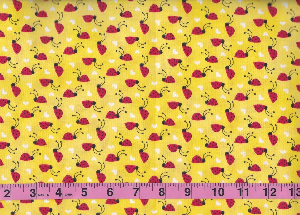 40 INCHES LADYBUGS & HEARTS on Yellow Print 100% Cotton Quilt Fabric by PIECE - Image 2 of 2