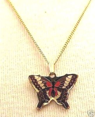 Halskette Anhänger Kette Vintage Schmuck goldfarben Schmetterling Emaille Cloisonné * 4807