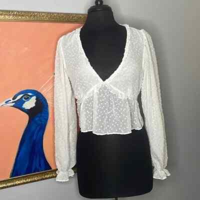 H&M women's white long sleeve cropped peasant ruffled blouse size medium NWOT