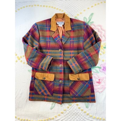 Eagle River Traders Multi Color Plaid Wool Blend Blazer Jacket Suede Trim BR 500