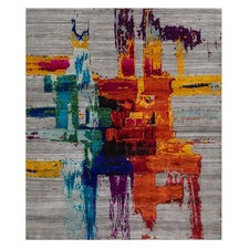 8'3"x9'10" Gray Modern Abstract Motifs Hand Knotted Wool and Sari Silk Rug 93019