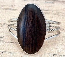 Sterling Silver And Wood Cuff Bracelet, Navajo Signed DJ  (Dennis James?)