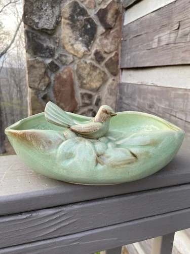 Vintage McCoy Pottery Bird On A Leaf Bowl/Planter Green Glaze with Brown Accent