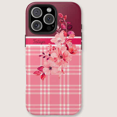 Iphone 16 Pro Tough Phone Case Grandmacore Pink White Plaid Flowers Shockproof