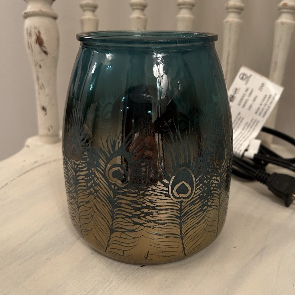 Scentsy Electric Wax Warmer Glass Blue Gold Peacock Feather /Be Bold