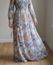 Vtg Cottagecore Maxi Dress Edwardian Art nouveau Prairie Peasant Smocked 70s