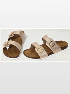 New Falls Creek Shoes Womens Sandals Slip On Gold Buckle Straps Brown Foot Bed