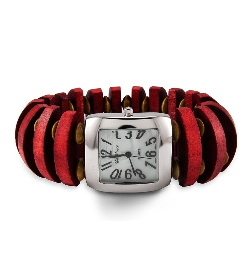 Ladies Red Wood Bead Silver Tone Quartz Bracelet Watch-d2894red