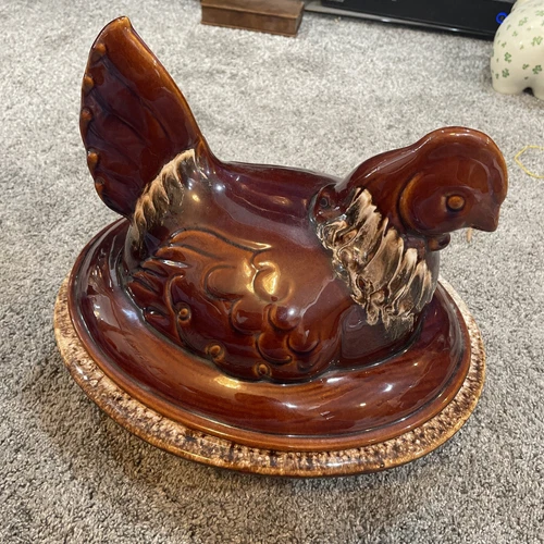 Vintage Large Hull Brown Drip Pottery Chicken Hen on Nest Oven Proof Casserole