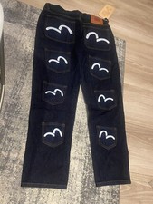 Jeans Evisu blu navy - multitasche - ricamo logo gabbiano bianco - taglia 33